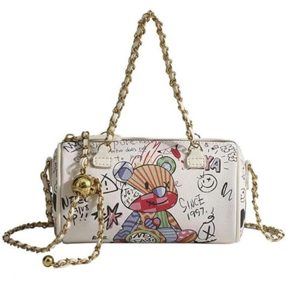 Graffiti White Vegan Leather Crossbody bag, Trendy Mini Shoulder Bag Purse - Picture 4 of 7